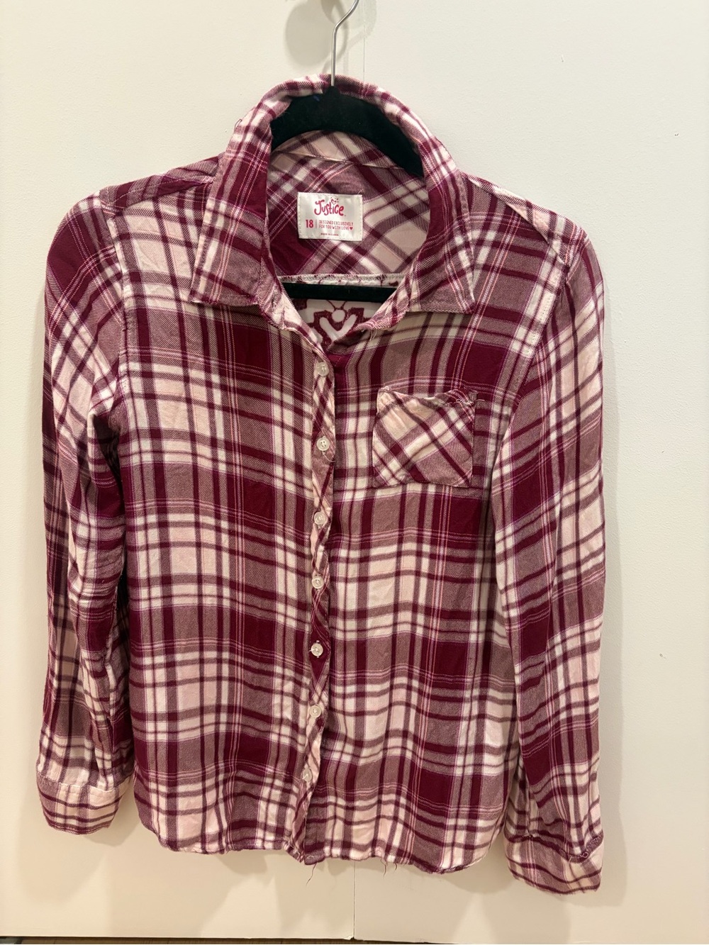 Justice Girls Burgundy & Cream Plaid Button-Down Shirt